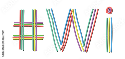 WI Hashtag. Isolate doodle lettering text from multi-colored curved neon lines like from a felt-tip pen, pensil. #WI is abbreviation for the US America state Wisconsin for banner, social network, t-sh