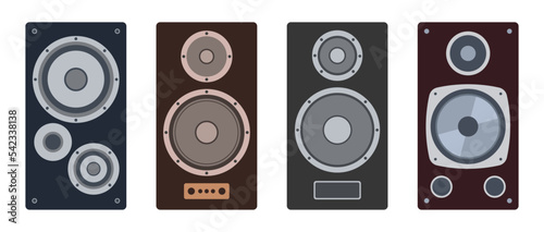 Set of music speakers. Vector music speakers flat icons. Sound speakers color illustration in flat style. Home speaker flat icon set. Acoustic audio systems. Vector illustration.