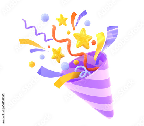 Фотография 3D Festive firecracker with flying confetti for birthday or new year