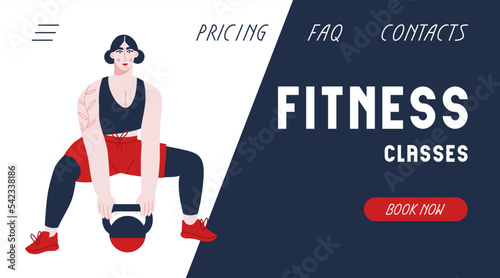 Landing page template with female athlete lifting metal kettlebell. Fitness classes website banner. Vector flat illustration for gym, sport training