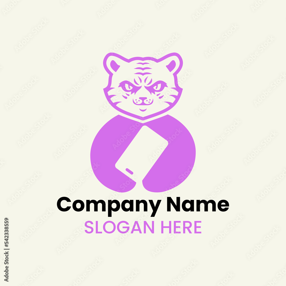 Tiger Phone Logo Negative Space Concept Vector Template. Panther Holding Phone Symbol Tiger Phone Logo Negative Space Concept Vector Template. Panther Holding Phone Symbol