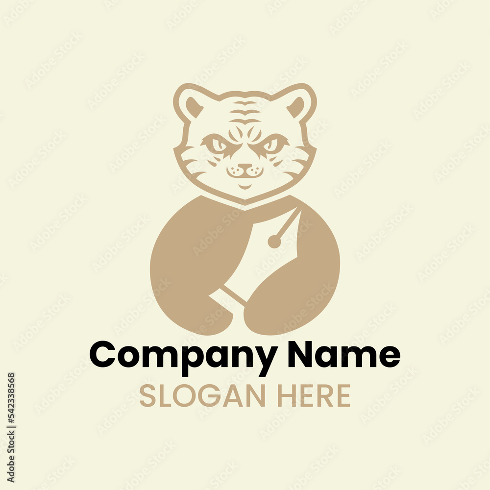 Tiger Pen Nib Logo Negative Space Concept Vector Template. Panther Holding Pen Nib Symbol Tiger Pen Nib Logo Negative Space Concept Vector Template. Panther Holding Pen Nib Symbol