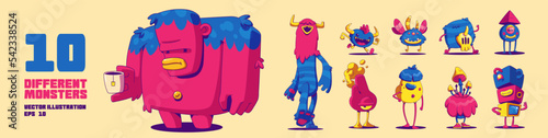 Set of cute monsters, cartoon funny contemporary characters, aliens, strange animals or Halloween creatures with toothed smiling muzzles, horns and fur. Spooky mascot personages, Vector illustration