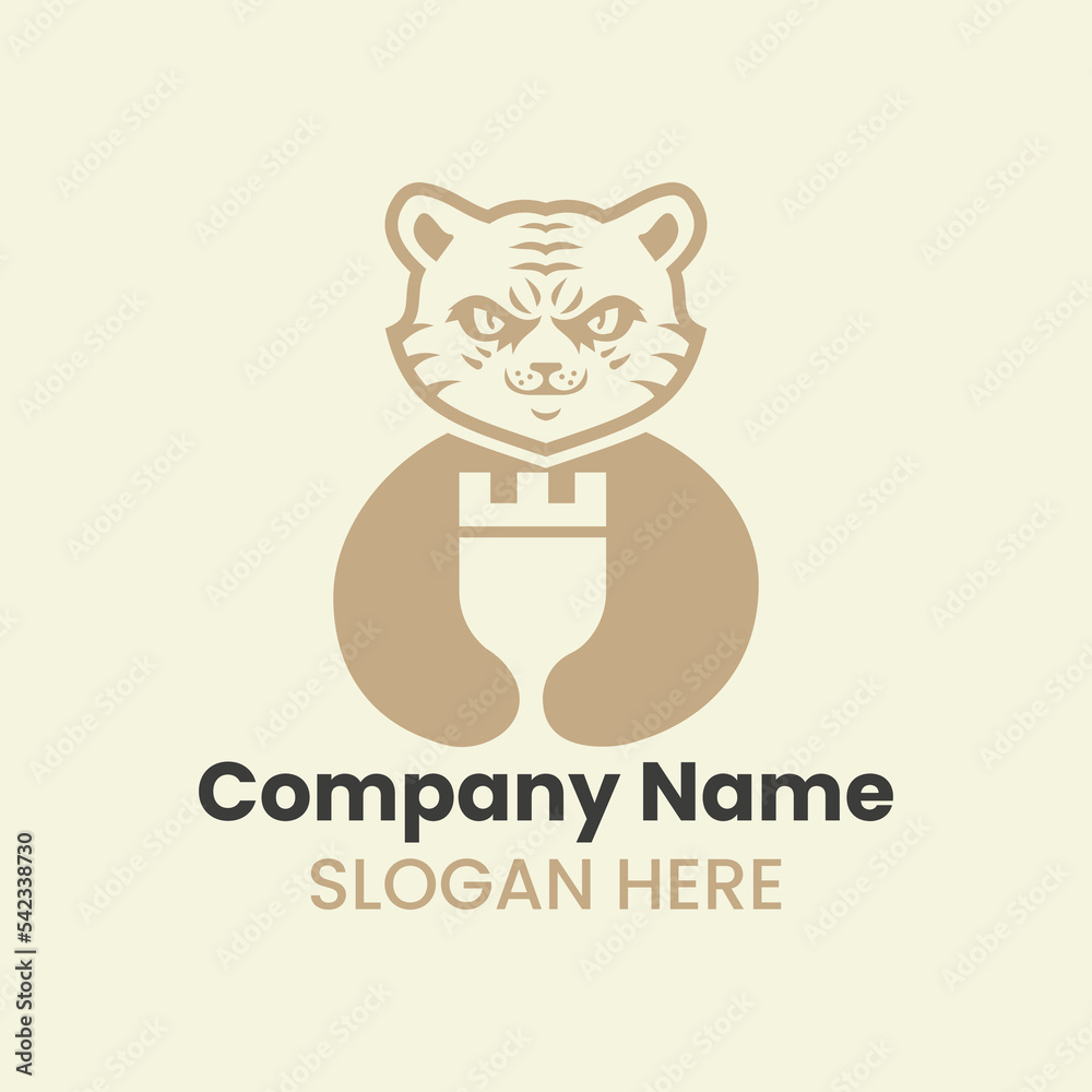 Tiger Castle Logo Negative Space Concept Vector Template. Panther Holding Castle Symbol Tiger Castle Logo Negative Space Concept Vector Template. Panther Holding Castle Symbol