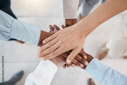 Collaboration, team building and diversity stack hands together for support, career motivation and company goal. Corporate community and professional group hand sign for solidarity mission above
