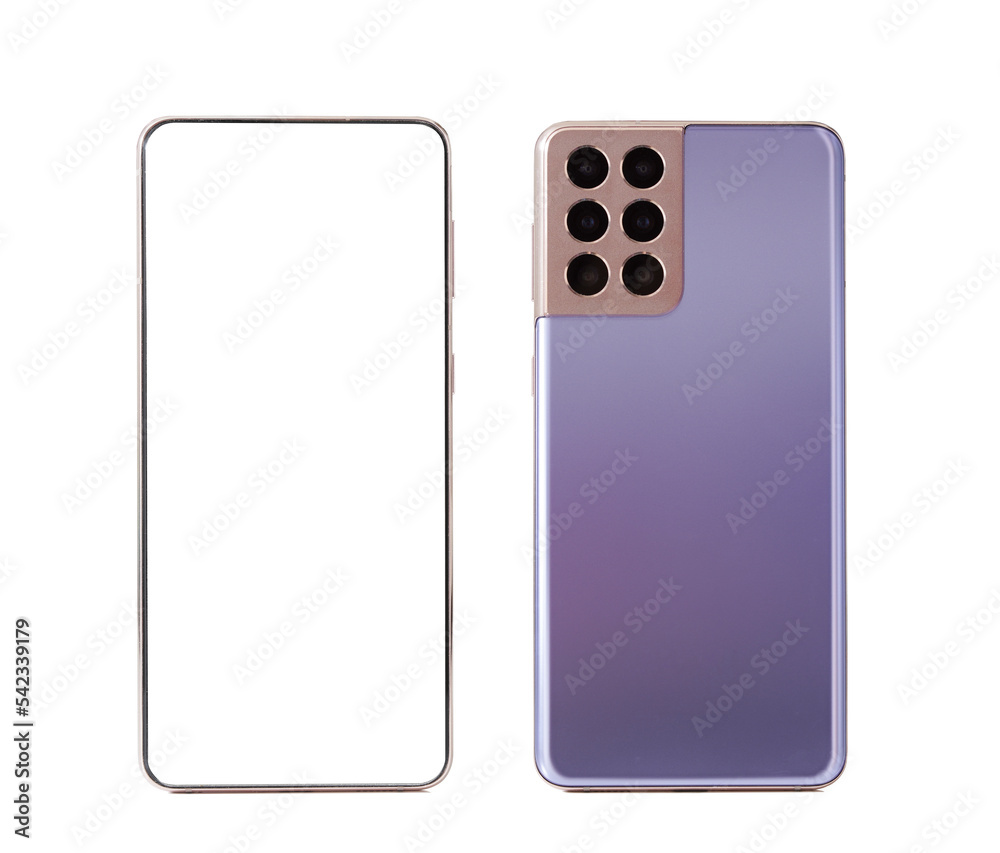 purple blank screen android phone isolated on white front and back view