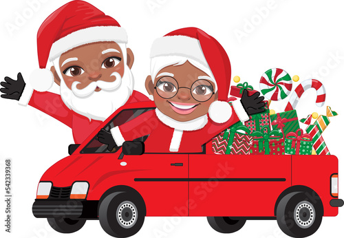 Ameican African Santa and his wife in truck with Christmas candy and gift box cartoon character PNG photo