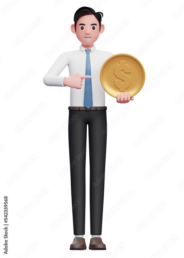businessman in white shirt blue tie pointing coin, 3d illustration of a businessman in white shirt holding dollar coin businessman in white shirt blue tie pointing coin, 3d illustration of a businessman in white shirt holding dollar coin