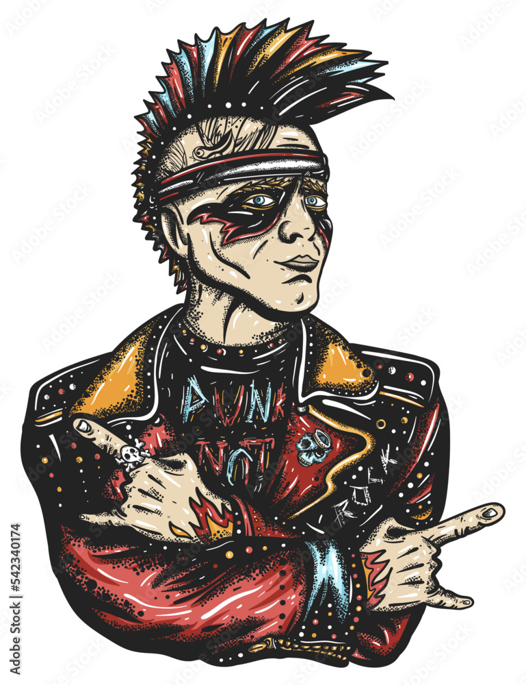 Punk man portrait. Rock music concept. Punker with mohawk hairstyle