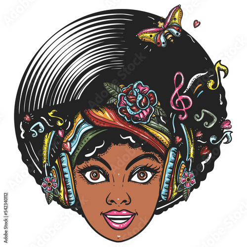 Funk music girl. African woman face with afro hairstyle, portrait. Hippie people. Old school tattoo vector art. Hand drawn graphic. Isolated on white. Traditional flash tattooing