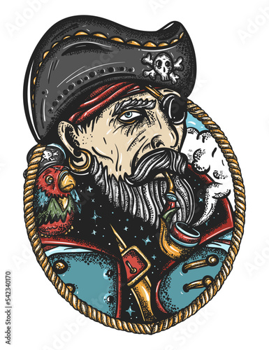 Fototapeta Naklejka Na Ścianę i Meble -  Old pirate portrait. Elderly sea captain smoking pipe. Old school tattoo vector art. Hand drawn graphic. Isolated on white. Traditional flash tattooing