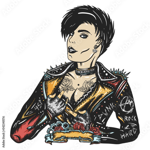 Punk girl. Rock woman musician. Street music culture. Old school tattoo vector art. Hand drawn graphic. Isolated on white. Traditional flash tattooing