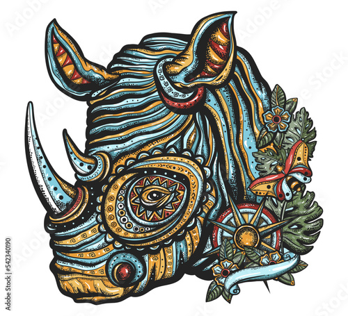 Rhinoceros portrait. African animal. Cute rhino. Old school tattoo vector art. Hand drawn graphic. Isolated on white. Traditional flash tattooing
