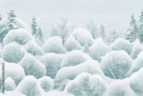 Winter landscape graphic design. snow field in forest Christmas trees. Poster card cover wallpaper background. © roeum