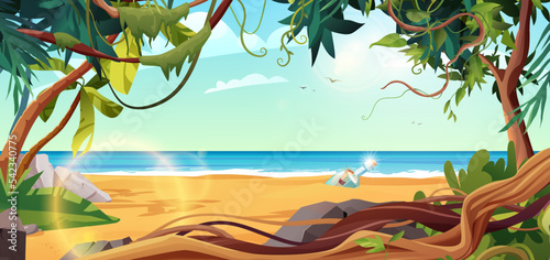 Tropic island with palm trees in the ocean. Bottle with paper message in it. Cartoon vector illustration for 2d game or adventure quest.