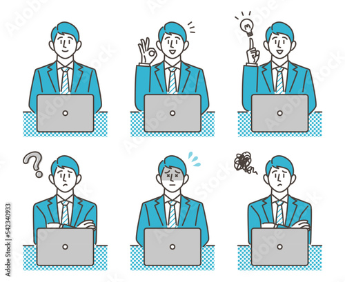 Male businessperson sitting in front of a laptop computer, negative and positive facial expression [Vector illustration set].