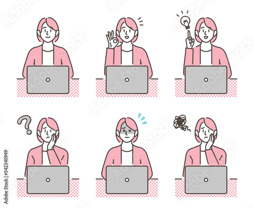 Young woman with negative and positive facial expression sitting in front of laptop computer [vector illustration set].