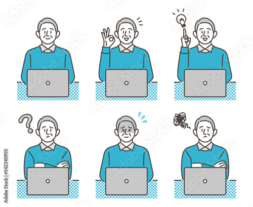 Senior man with negative and positive facial expression sitting in front of laptop computer [Vector illustration set].