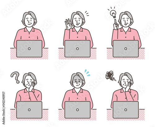 Senior woman with negative and positive facial expression sitting in front of laptop computer [vector illustration set].