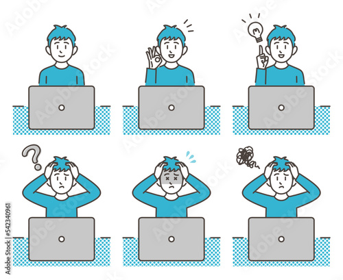 Boy sitting in front of a laptop computer, negative and positive facial expressions [Vector illustration set].