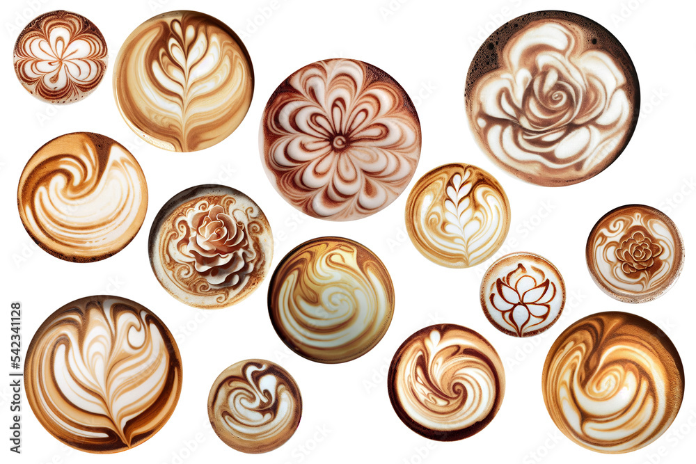 Set of beautiful photorealistic patterns on coffee foam isolated on white background, Ai generated Set of beautiful photorealistic patterns on coffee foam isolated on white background, Ai generated