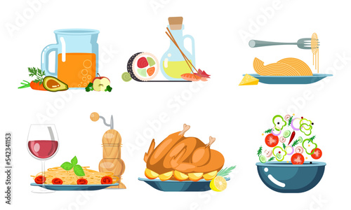 Set of main dishes and snacks isolated on white background