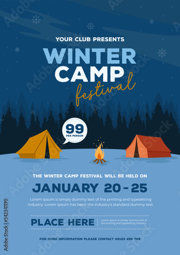 Modern flat illustrated winter camping vertical poster. winter camp social media posts. Flat winter camping flyer or brochure template