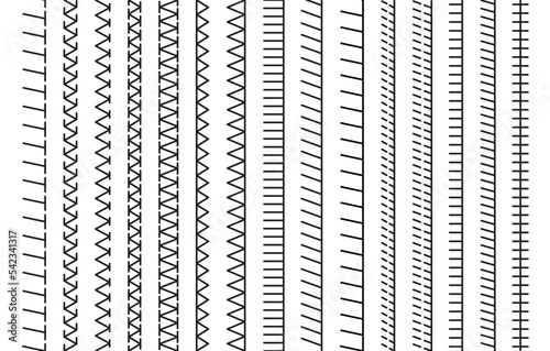 Overlock fabric elements. Outline seamless border isolated on white background. Embroidery stitches. Sewing seams. Set of machine thread sew brushes. Simple design. Vector illustration.