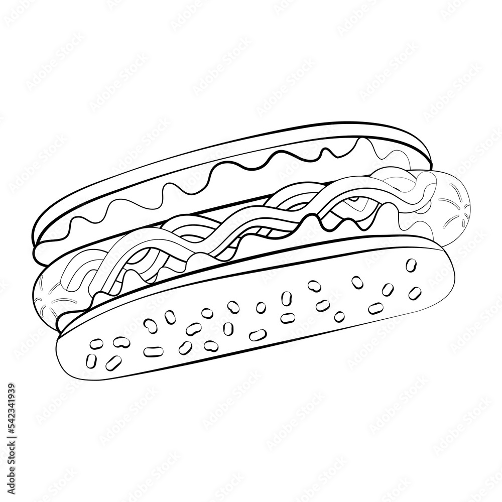 A hot dog with a thin line. Vector on a white background A hot dog with a thin line. Vector on a white background