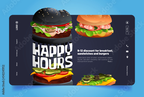 Happy hours cartoon landing page with tasty burgers. Fast food promotional event in takeaway fastfood restaurant, cafe or bistro. Junk meals menu offer for traditional hamburgers, Vector web banner
