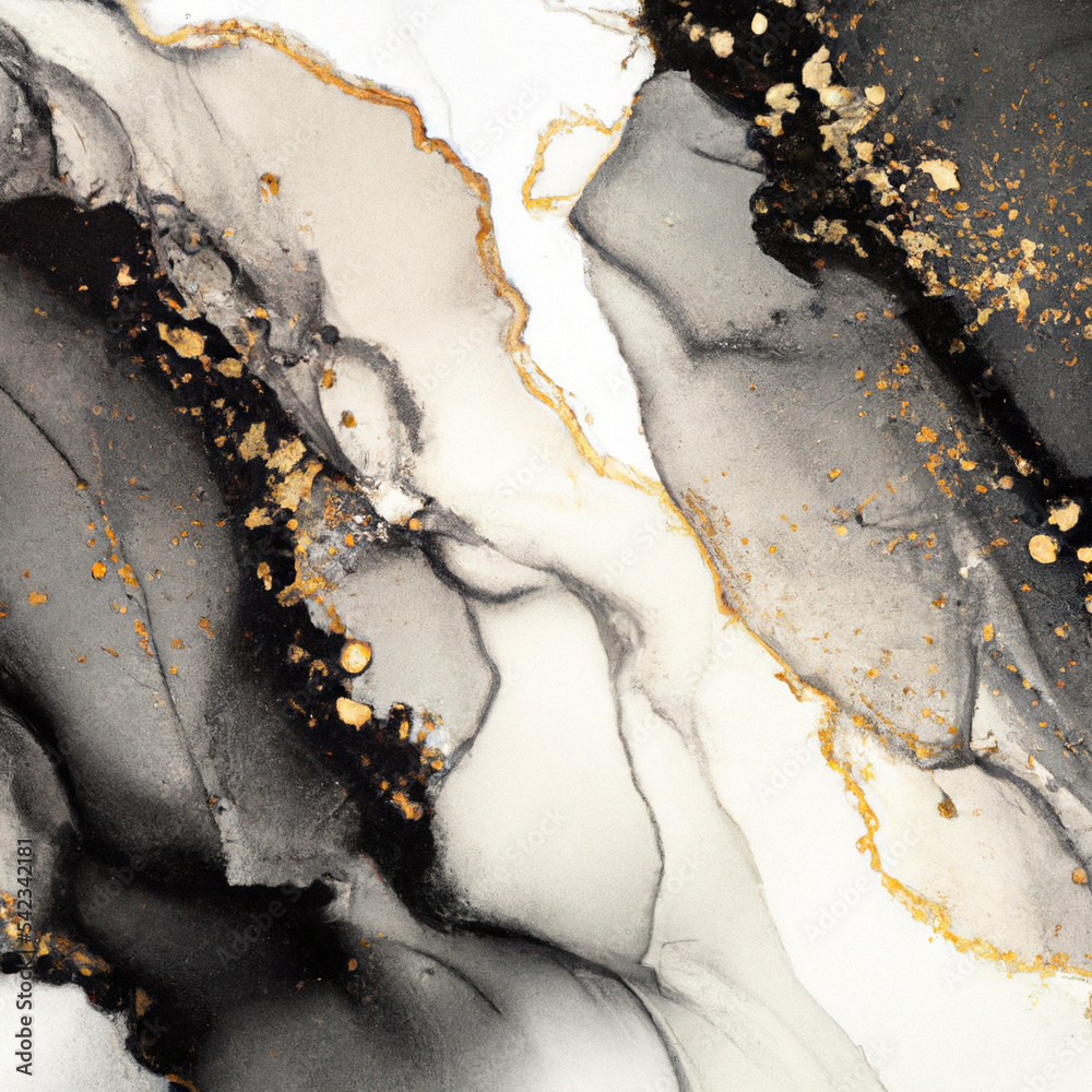 Luxury Abstract Marble Stone Cut in Black, Grey, White and Glowing Golden Veins Illustration