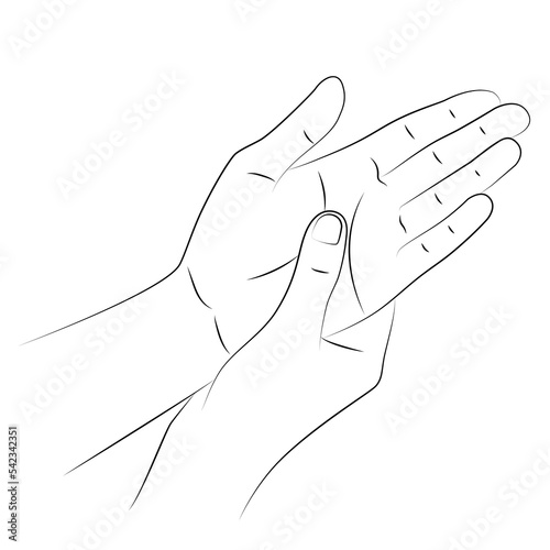 Self-massage of palms of hands, close-up. Human presses special points on palm to relieve headaches and other pains. Health and wellness acupressure manipulations. Alternative medicine, reflexology