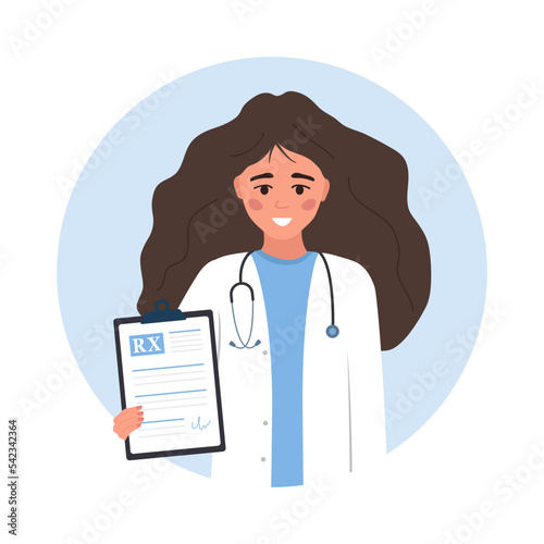 Medical prescription. Female doctor in uniform holding clipboard with recipe for patient. Healthcare, treatment and pharmacy concept. Vector illustration in flat cartoon style.
