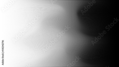 Geometric halftone background with illusion effect. Curved gradient pattern with black spots. Vector illustration.
