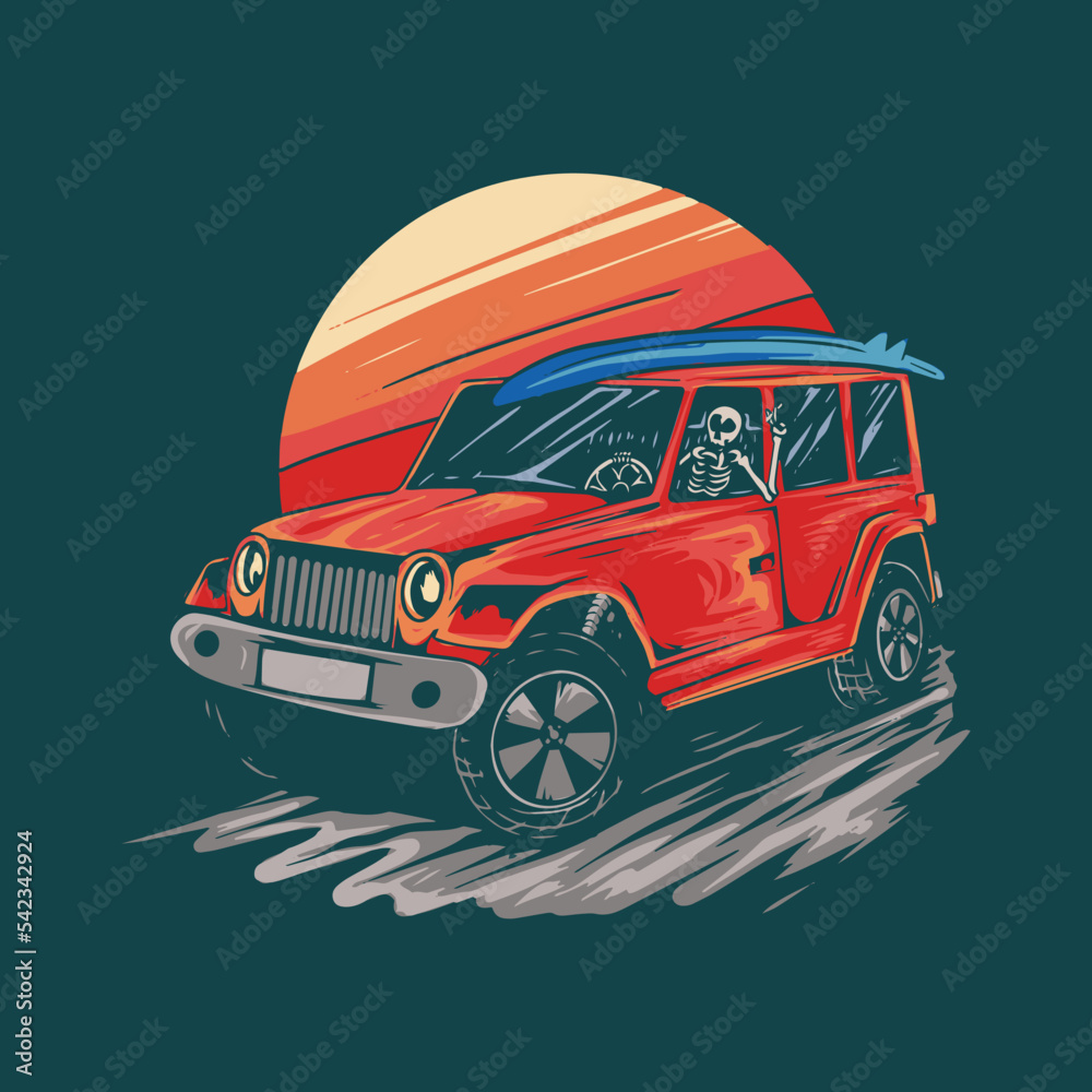 skull illustration going to the beach in an off road
