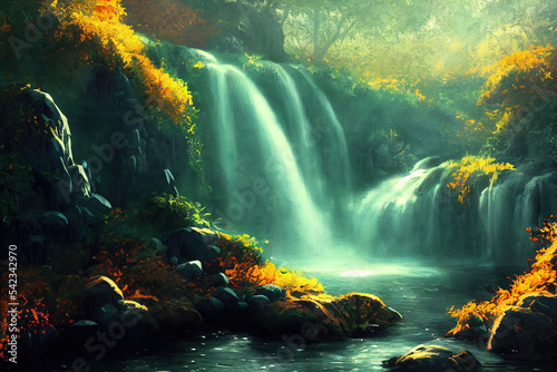 Beautiful Waterfall in Fariytale, Illustration of Natural Lush Vegetation. Masterpiece Art Background. © Uomi