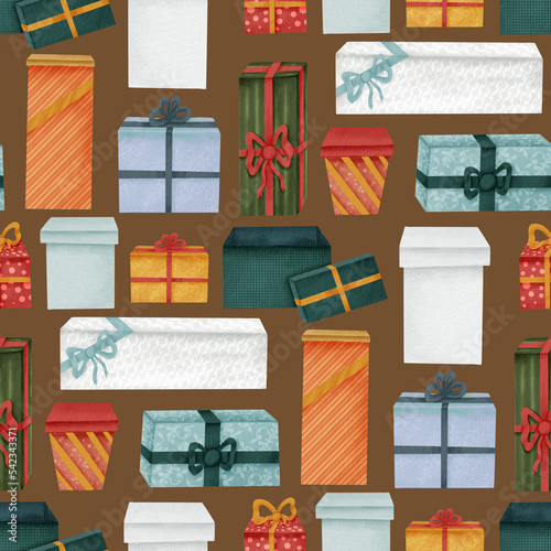 Gift boxes seamless pattern. Illustration in watercolor style for the design of packaging paper, fabric, textiles.