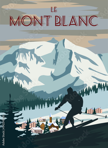 Mont Blanc ski resort poster, retro. Alps Winter travel card