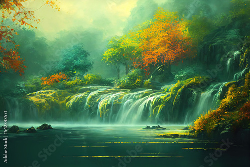 Beautiful Waterfall in Fariytale  Illustration of Natural Lush Vegetation. Masterpiece Art Background.