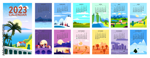 2023 Calendar minimalistic landscape natural backgrounds of four seasons