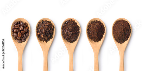 Flat lay of Roasted Coffee beans and different types of grinds coffee in wooden spoon isolated on white background. Clipping path.