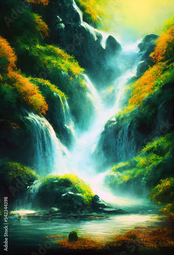 Beautiful Waterfall in Fariytale  Illustration of Natural Lush Vegetation. Masterpiece Art Background.