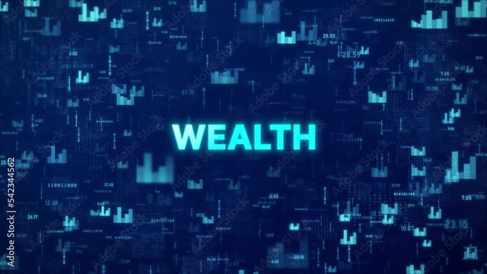WEALTH Concept over animated financial background with chart, numbers and matrix codes