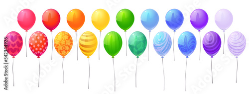 Set of colorful balloons inflated with helium isolated on white background. Cartoon vector illustration of holiday party decoration monochrome and with different ornaments. Celebration accessories