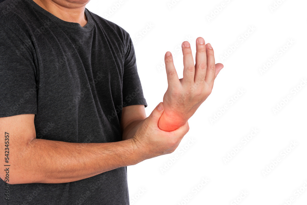 An elderly man or woman or a young person has pain in the wrists, knees, ankles, joint pains