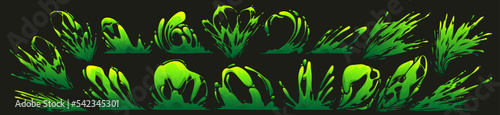 Set of green toxic liquid, slime or paint splatters isolated on black background. Cartoon vector illustration of poisonous substance spilled over surface, sticky drips, jelly splash design elements