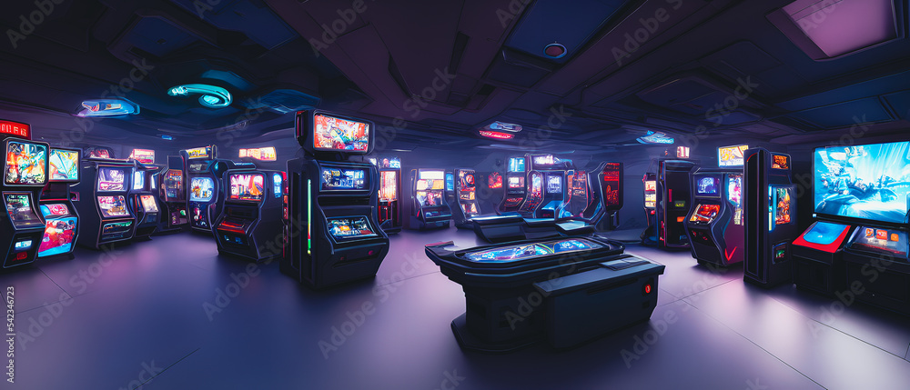 Artistic concept illustration of a vintage video games room, background illustration. - obrazy, fototapety, plakaty 