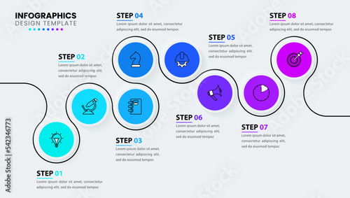 Infographic template. Timeline with 8 circles and icons
