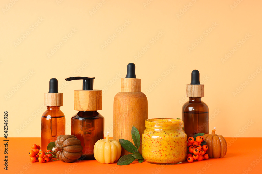 Concept of different cosmetic products, Pumpkin cosmetics Concept of different cosmetic products, Pumpkin cosmetics