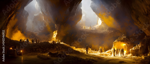 Artistic concept painting of a gold mine in cave, background illustration.
